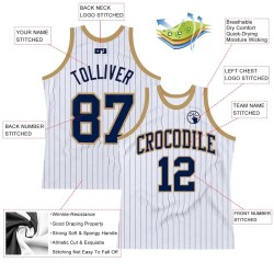 Custom White Navy Pinstripe Navy-Old Gold Authentic Basketball Jersey