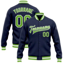 Custom Navy Neon Green-White Bomber Full-Snap Varsity Letterman Jacket