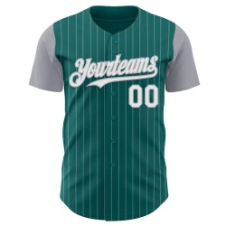 Custom Teal Gray Pinstripe White Authentic Two Tone Baseball Jersey