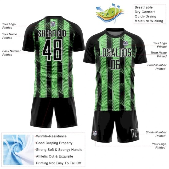 Custom Black Pea Green-White Abstract Network Sublimation Soccer Uniform Jersey