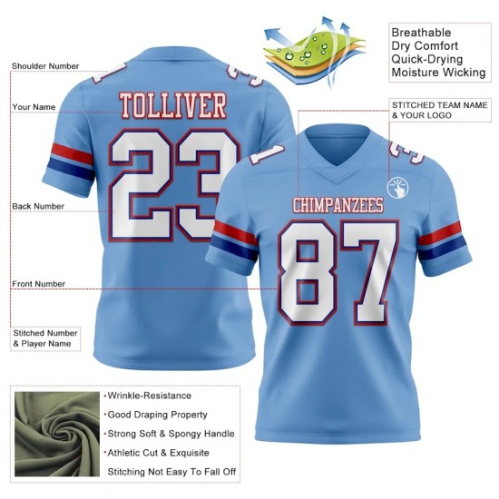 Custom Light Blue White Royal-Red Mesh Authentic Football Jersey