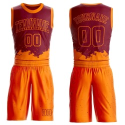 Custom Maroon Bay Orange Color Splash Round Neck Sublimation Basketball Suit Jersey