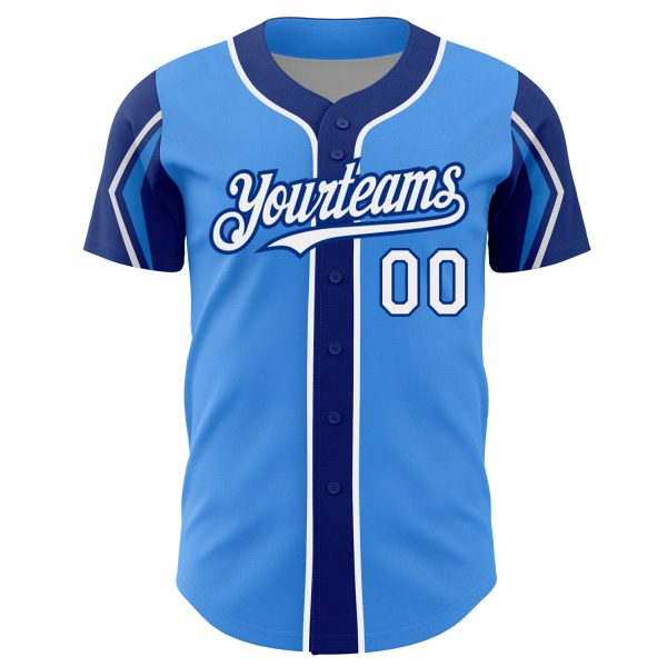 Custom Electric Blue White-Royal 3 Colors Arm Shapes Authentic Baseball Jersey - Image 3