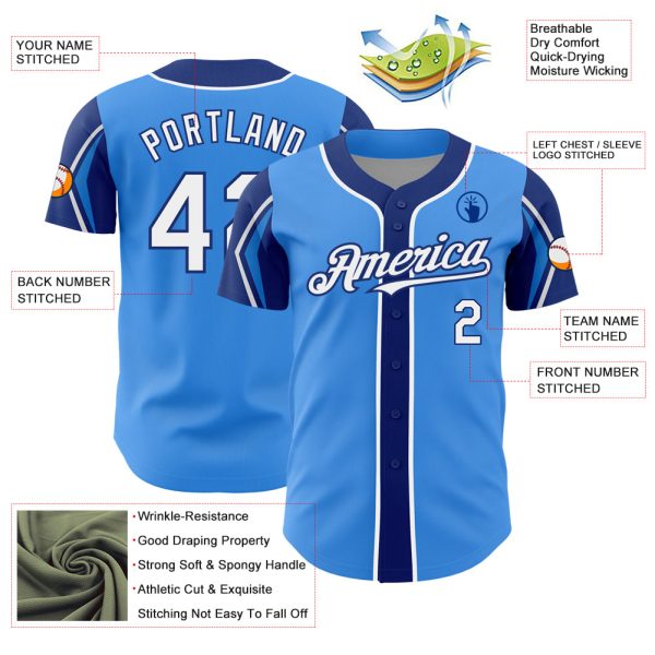 Custom Electric Blue White-Royal 3 Colors Arm Shapes Authentic Baseball Jersey - Image 4