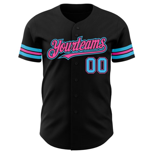 Custom Black Sky Blue-Pink Authentic Baseball Jersey - Image 2