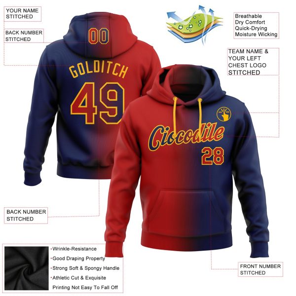 Custom Stitched Navy Red-Gold Gradient Fashion Sports Pullover Sweatshirt Hoodie - Image 2