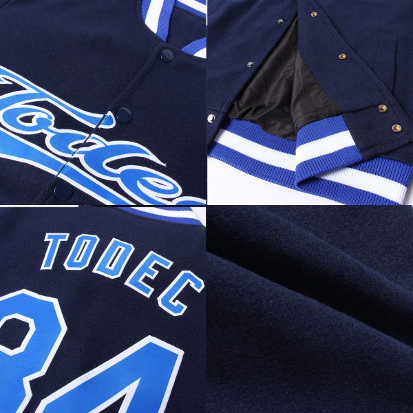 Custom Navy Royal-White Bomber Full-Snap Varsity Letterman Jacket - Image 2