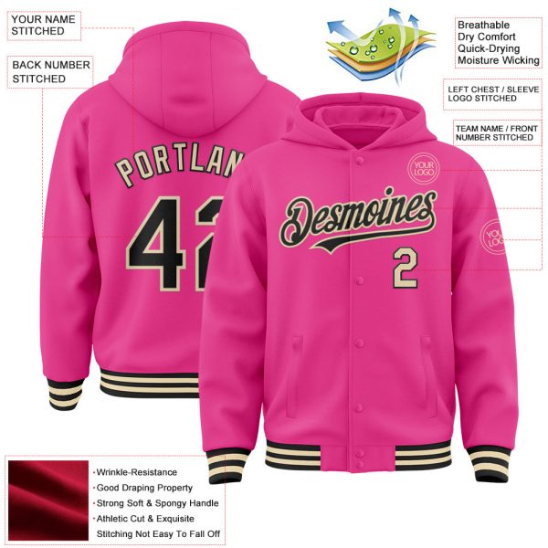 Custom Pink Black-Cream Bomber Full-Snap Varsity Letterman Hoodie Jacket - Image 3