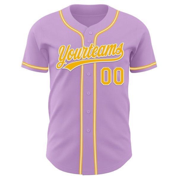 Custom Light Purple Gold-White Authentic Baseball Jersey - Image 2