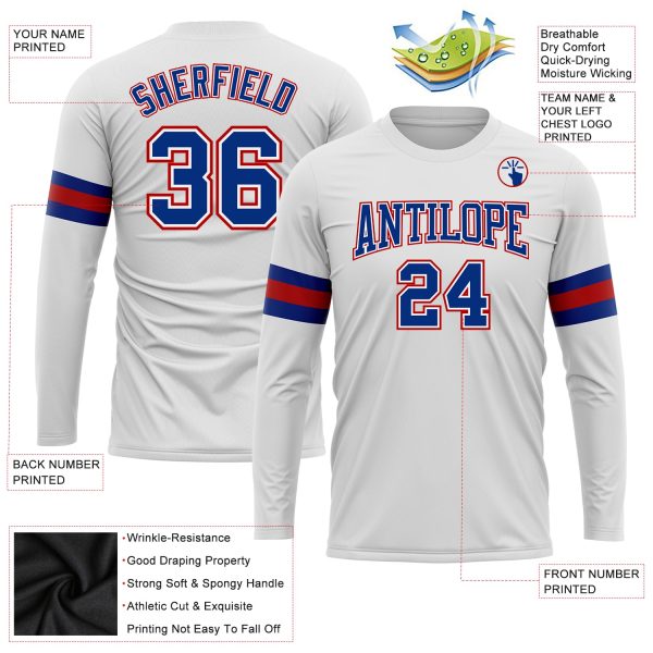 Custom White Royal-Red Long Sleeve Performance T-Shirt - Image 3