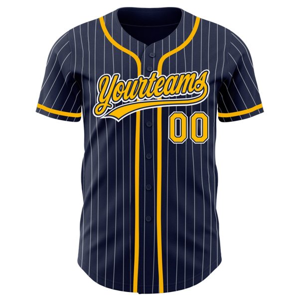 Custom Navy White Pinstripe Gold Authentic Baseball Jersey - Image 2