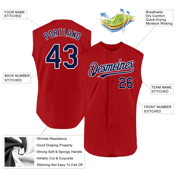 Custom Red Navy-White Authentic Sleeveless Baseball Jersey - Image 2
