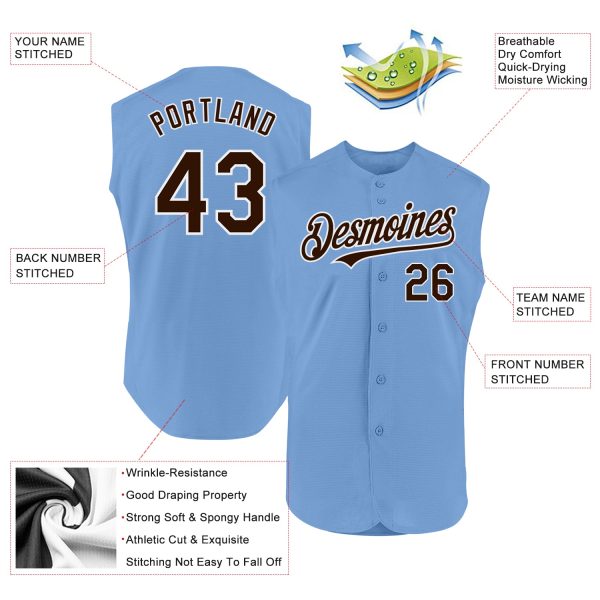 Custom Light Blue Brown-White Authentic Sleeveless Baseball Jersey - Image 2
