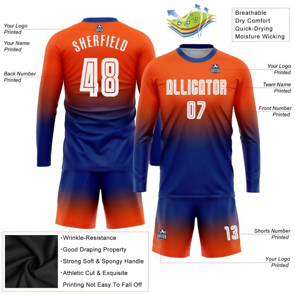 Custom Orange White-Royal Sublimation Long Sleeve Fade Fashion Soccer Uniform Jersey - Image 3