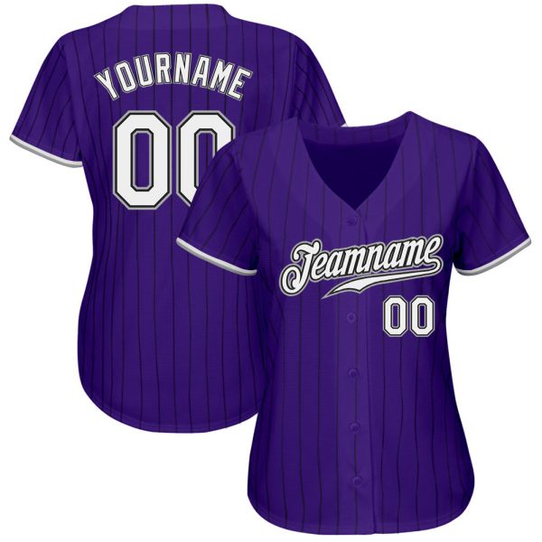 Custom Purple Black Pinstripe White-Gray Authentic Baseball Jersey - Image 2